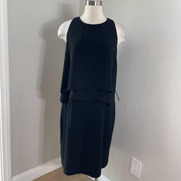 NEW Adrianna Papell Womens 14 Pop Over Tiered Dress Chiffon Black Sleeveless - Picture 1 of 9